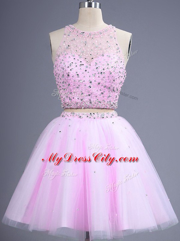 Lilac Tulle Lace Up Scoop Sleeveless Knee Length Quinceanera Dama Dress Beading