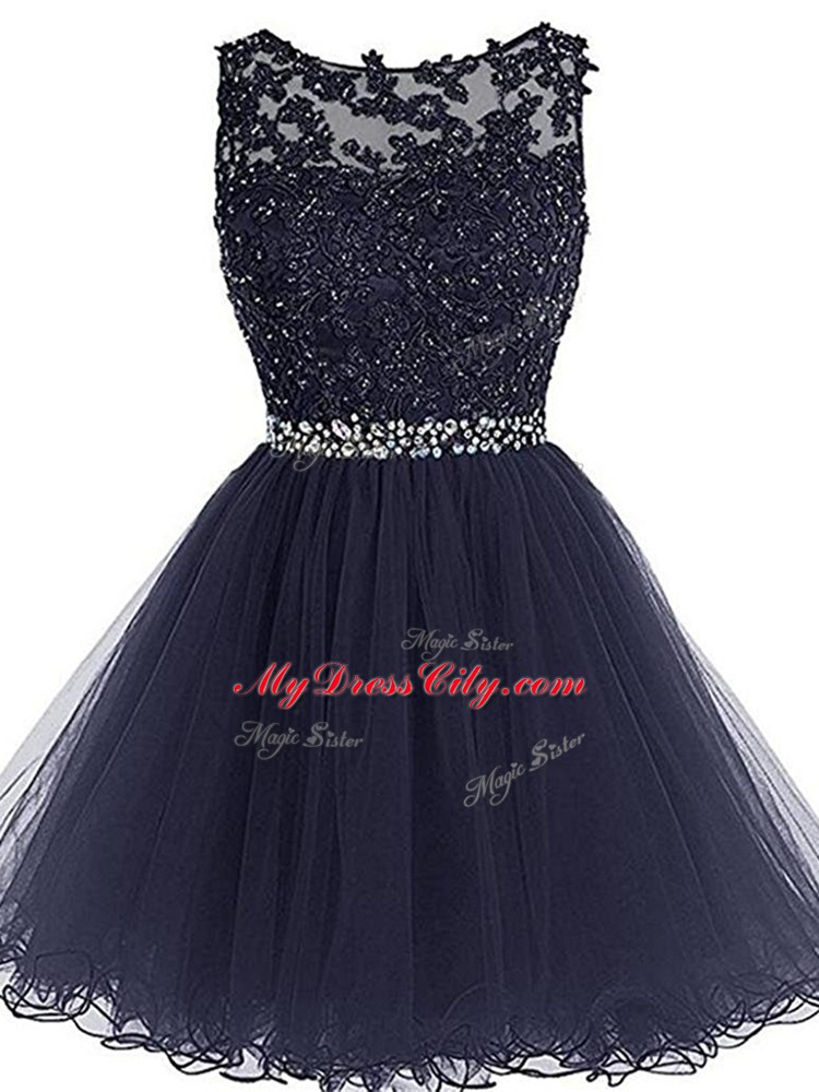 Vintage Sleeveless Tulle Mini Length Zipper Homecoming Dress in Navy Blue with Beading and Lace and Appliques and Ruffles