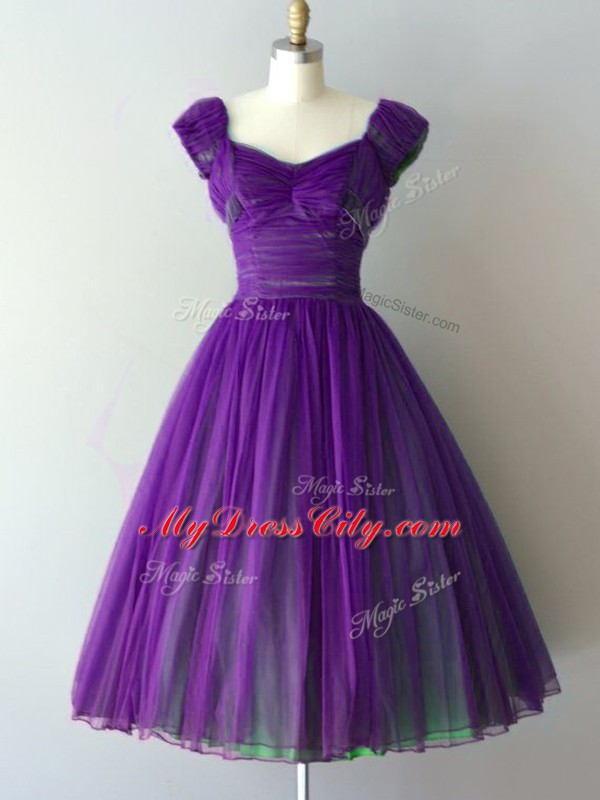 Best Selling Cap Sleeves Chiffon Knee Length Lace Up Bridesmaid Gown in Purple with Ruching