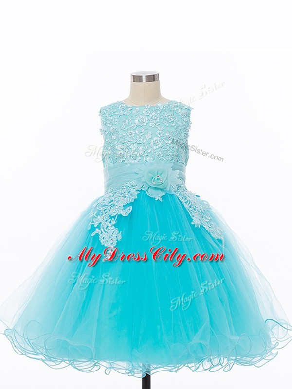 Knee Length Baby Blue Flower Girl Dress Scoop Sleeveless Zipper