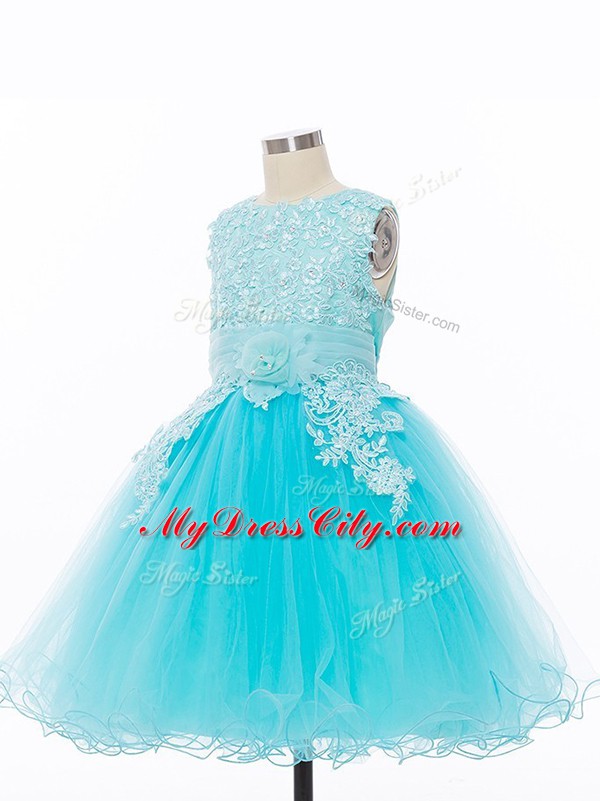 Knee Length Baby Blue Flower Girl Dress Scoop Sleeveless Zipper