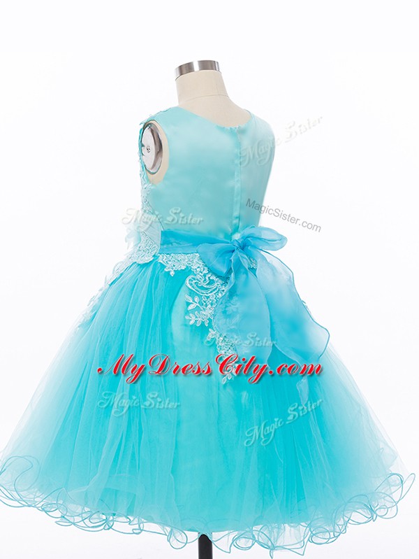 Knee Length Baby Blue Flower Girl Dress Scoop Sleeveless Zipper