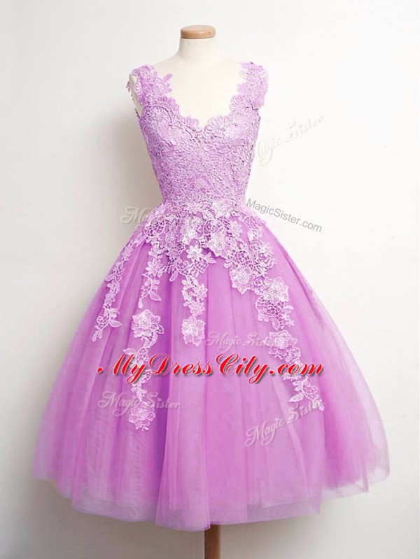 Tulle V-neck Sleeveless Lace Up Lace Wedding Guest Dresses in Lilac