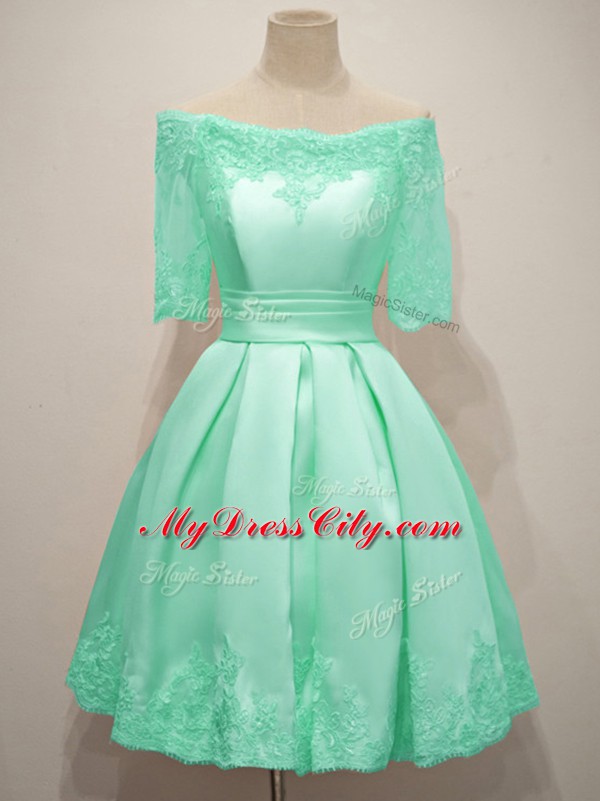 New Arrival A-line Bridesmaid Dresses Turquoise Off The Shoulder Taffeta Half Sleeves Knee Length Lace Up