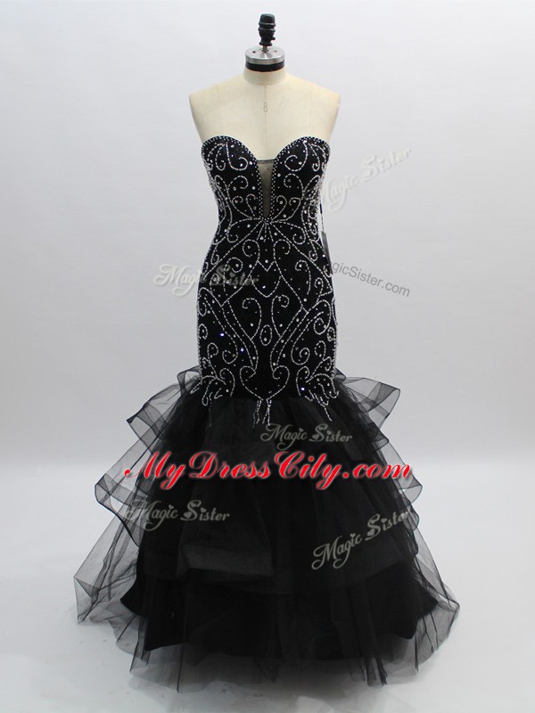 Floor Length Black Evening Dress Tulle Sleeveless Beading and Ruffles