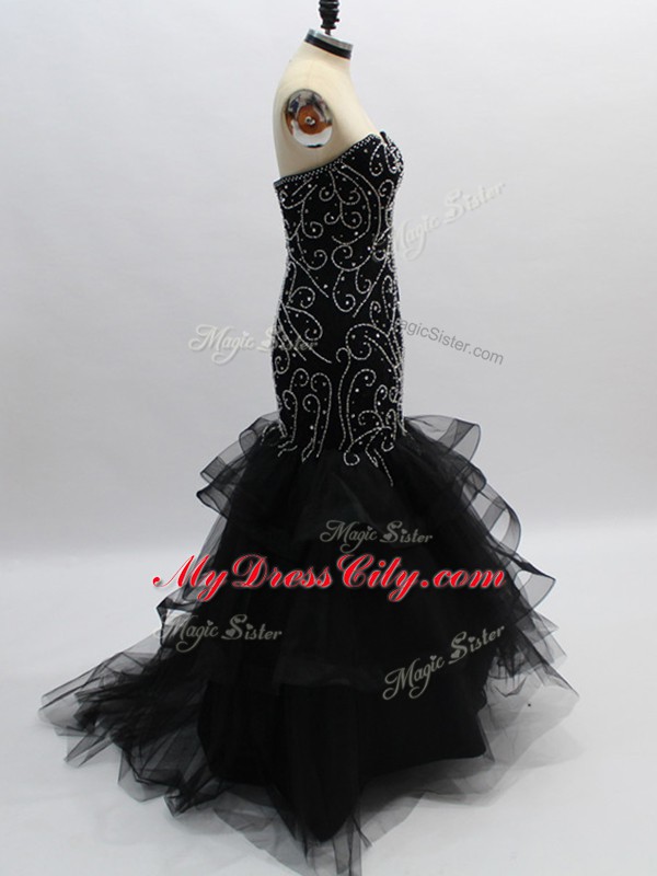 Floor Length Black Evening Dress Tulle Sleeveless Beading and Ruffles