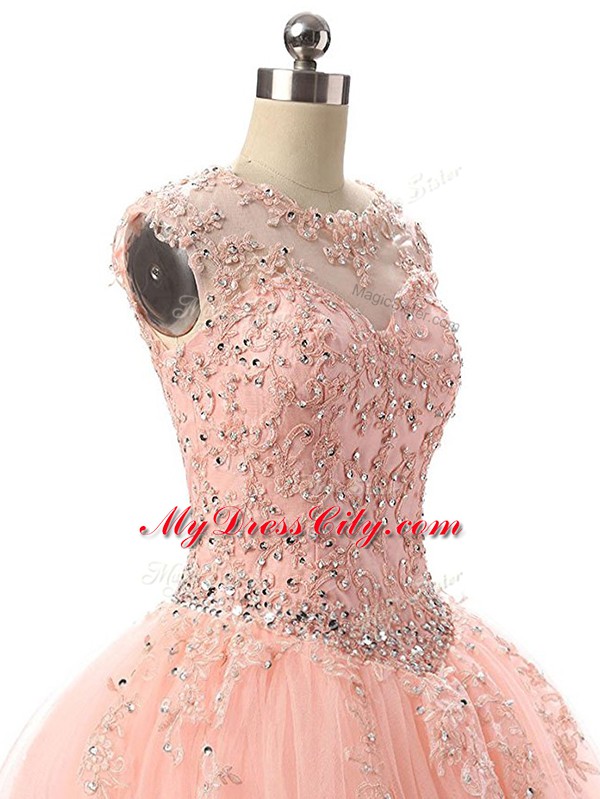 Best Floor Length Ball Gowns Sleeveless Peach Quinceanera Gown Lace Up