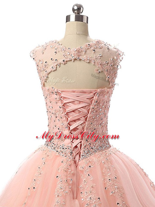 Best Floor Length Ball Gowns Sleeveless Peach Quinceanera Gown Lace Up