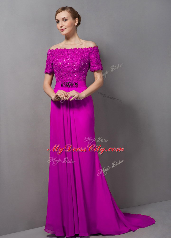 Fantastic Fuchsia Empire Chiffon Off The Shoulder Short Sleeves Lace Zipper Mother Dresses Sweep Train