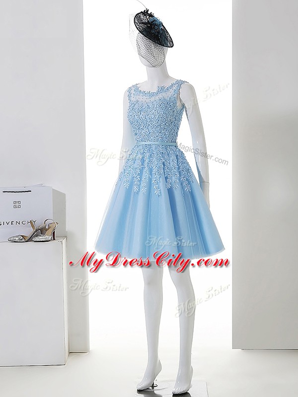 Luxurious Sleeveless Mini Length Lace Zipper Dama Dress for Quinceanera with Baby Blue