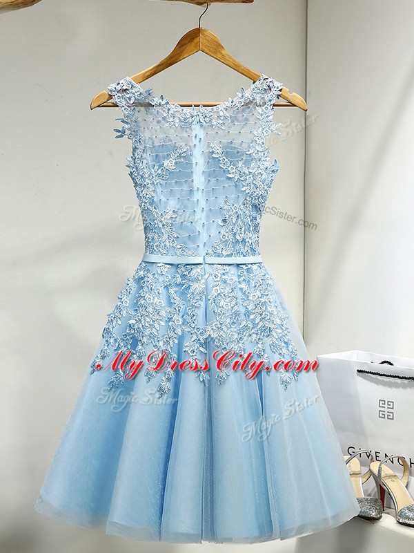 Luxurious Sleeveless Mini Length Lace Zipper Dama Dress for Quinceanera with Baby Blue