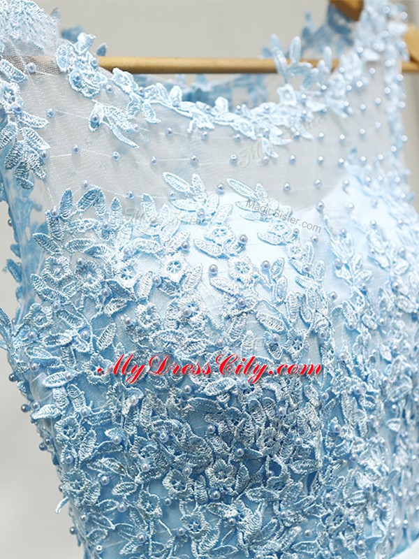 Luxurious Sleeveless Mini Length Lace Zipper Dama Dress for Quinceanera with Baby Blue