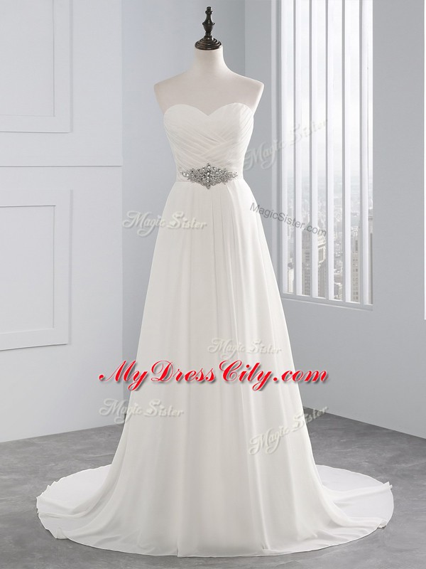 Affordable White Empire Sweetheart Sleeveless Chiffon Brush Train Lace Up Beading and Ruching Wedding Dress