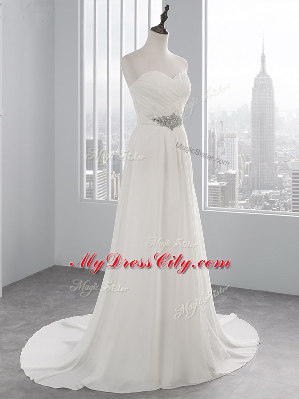 Affordable White Empire Sweetheart Sleeveless Chiffon Brush Train Lace Up Beading and Ruching Wedding Dress