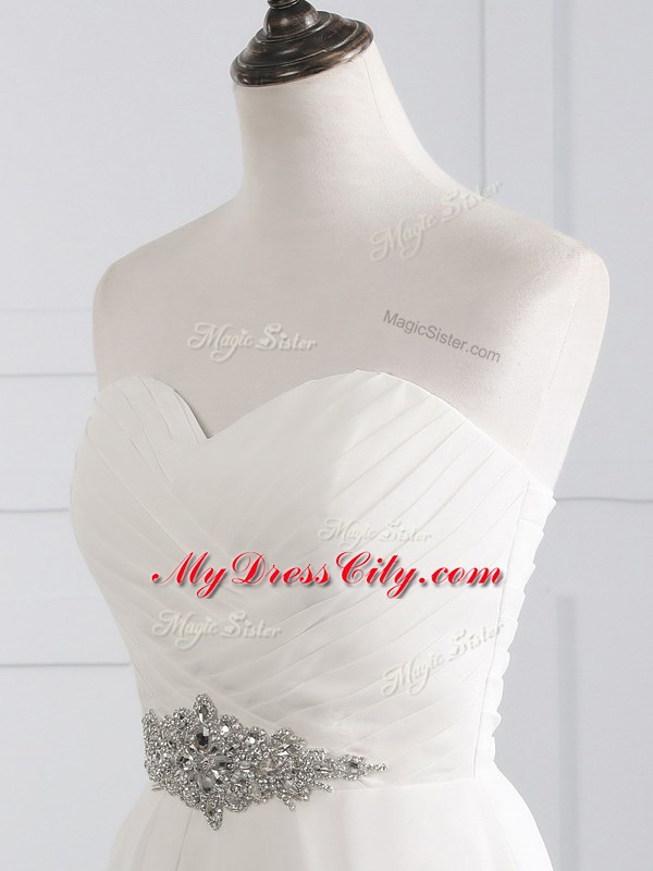 Affordable White Empire Sweetheart Sleeveless Chiffon Brush Train Lace Up Beading and Ruching Wedding Dress