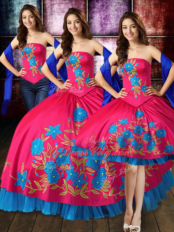 Hot Pink Three Pieces Strapless Sleeveless Taffeta Floor Length Lace Up Embroidery Quinceanera Gown