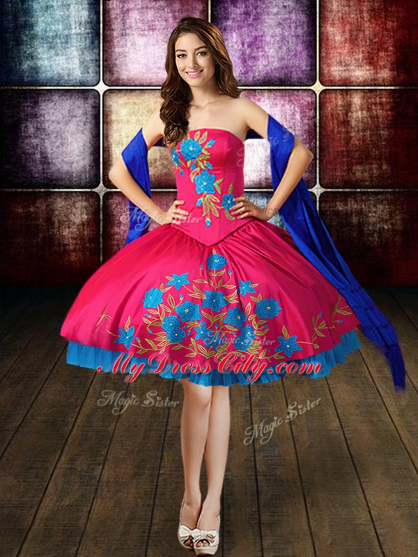 Hot Pink Three Pieces Strapless Sleeveless Taffeta Floor Length Lace Up Embroidery Quinceanera Gown