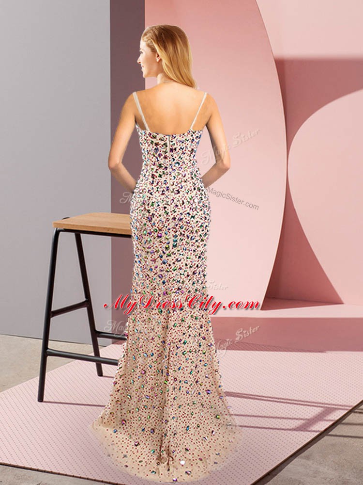 Champagne Sleeveless Tulle Brush Train Zipper Prom Dresses for Prom and Military Ball