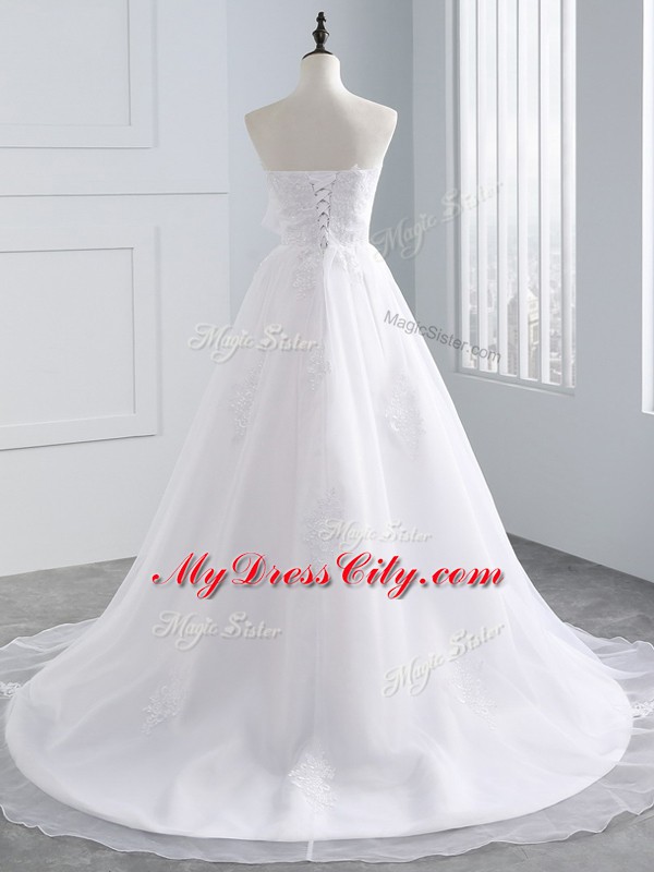 Lace Up Wedding Dress White for Beach and Wedding Party with Lace and Appliques