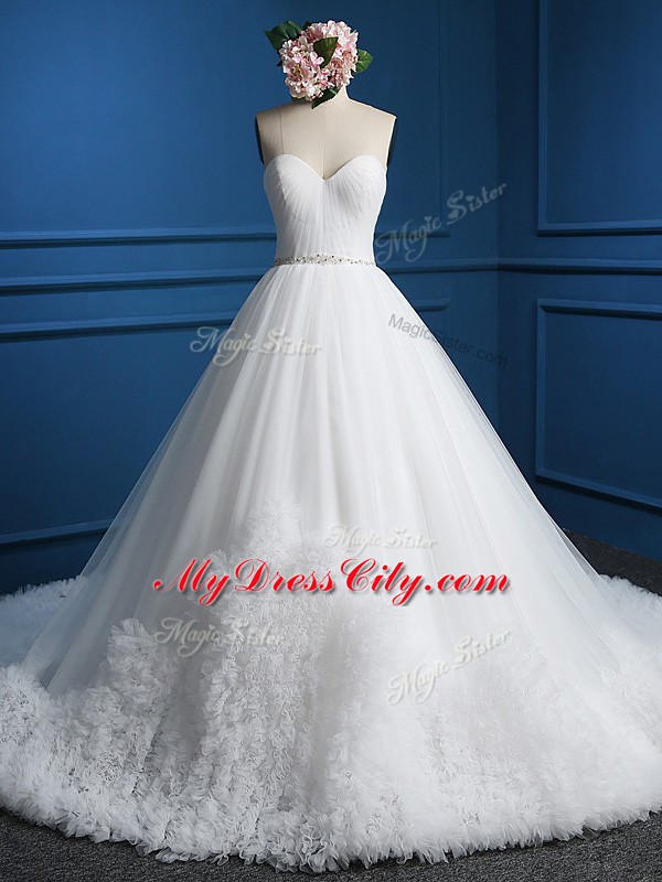 Hot Selling White Wedding Gowns Tulle Court Train Sleeveless Beading