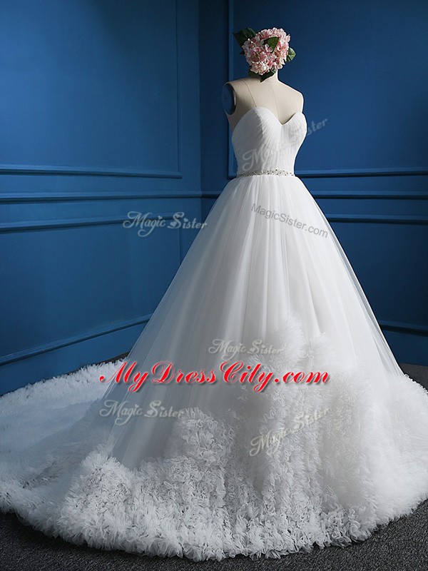 Hot Selling White Wedding Gowns Tulle Court Train Sleeveless Beading