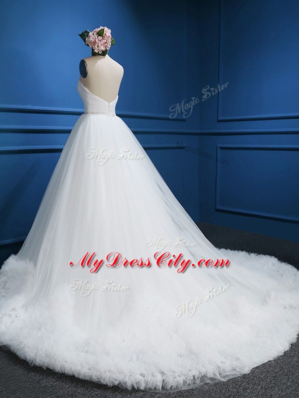 Hot Selling White Wedding Gowns Tulle Court Train Sleeveless Beading