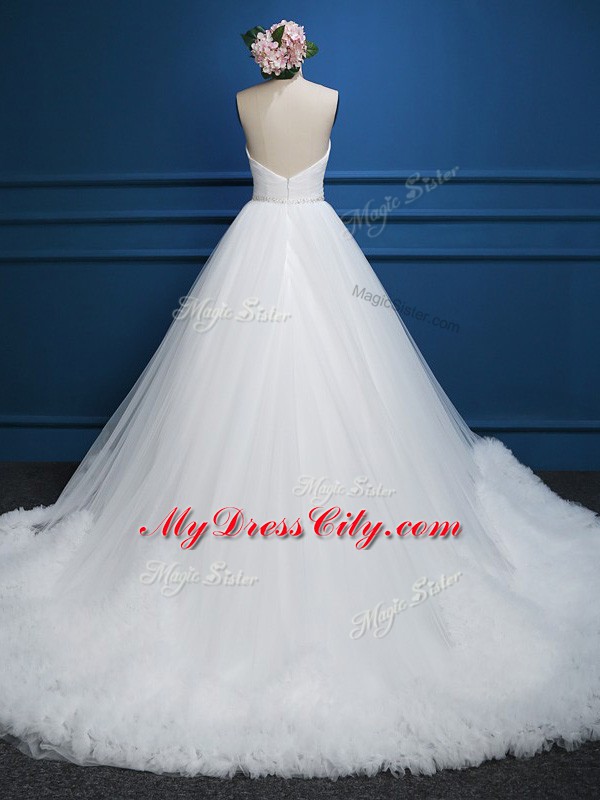 Hot Selling White Wedding Gowns Tulle Court Train Sleeveless Beading