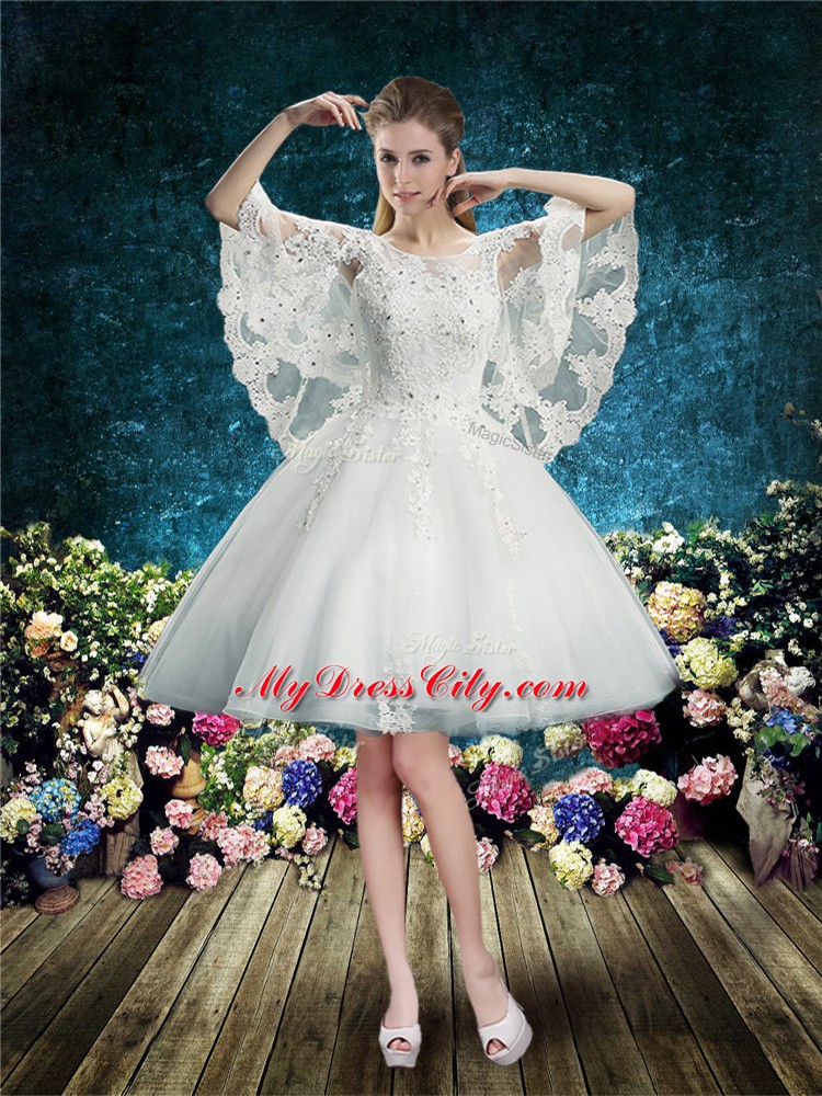 White Tulle Lace Up Scoop Half Sleeves Floor Length Wedding Gowns Lace