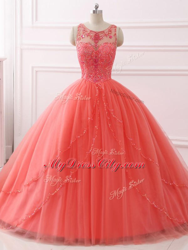 Comfortable Sleeveless Tulle Brush Train Lace Up Quinceanera Dresses in Coral Red with Beading and Lace