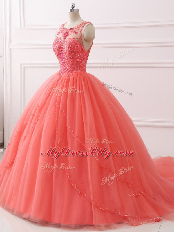 Comfortable Sleeveless Tulle Brush Train Lace Up Quinceanera Dresses in Coral Red with Beading and Lace