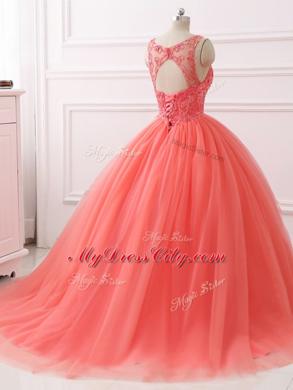 Comfortable Sleeveless Tulle Brush Train Lace Up Quinceanera Dresses in Coral Red with Beading and Lace