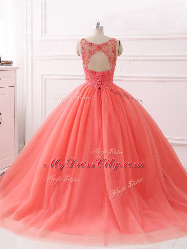 Comfortable Sleeveless Tulle Brush Train Lace Up Quinceanera Dresses in Coral Red with Beading and Lace