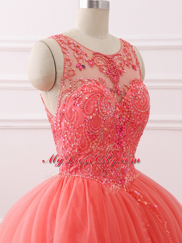 Comfortable Sleeveless Tulle Brush Train Lace Up Quinceanera Dresses in Coral Red with Beading and Lace