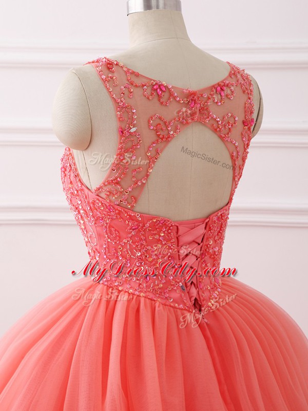 Comfortable Sleeveless Tulle Brush Train Lace Up Quinceanera Dresses in Coral Red with Beading and Lace