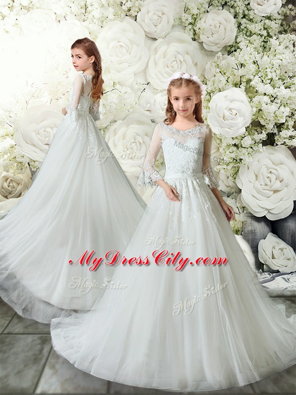 White Zipper V-neck Lace Sweet 16 Dresses Tulle Sleeveless Court Train