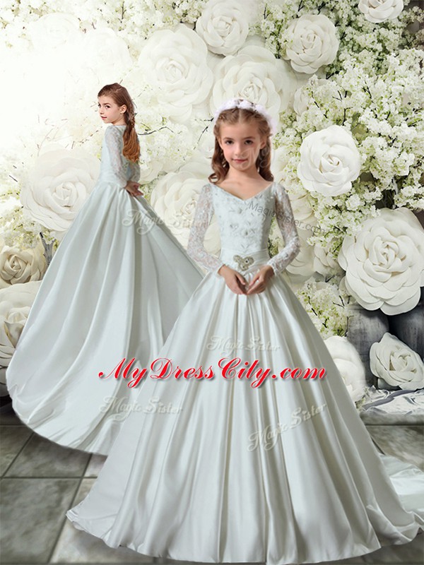 High Quality White Taffeta Clasp Handle V-neck Long Sleeves Toddler Flower Girl Dress Brush Train Lace