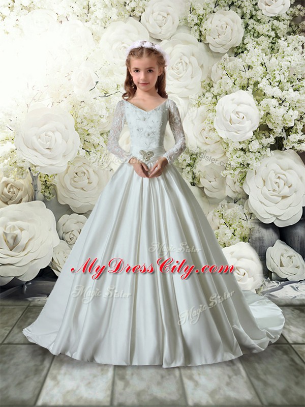 High Quality White Taffeta Clasp Handle V-neck Long Sleeves Toddler Flower Girl Dress Brush Train Lace