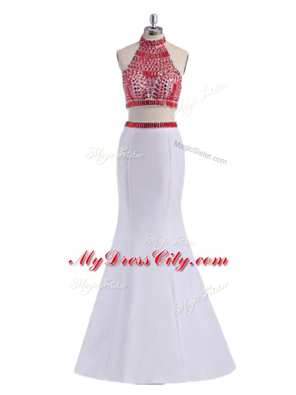 Customized Beading Prom Dresses White Criss Cross Sleeveless Floor Length