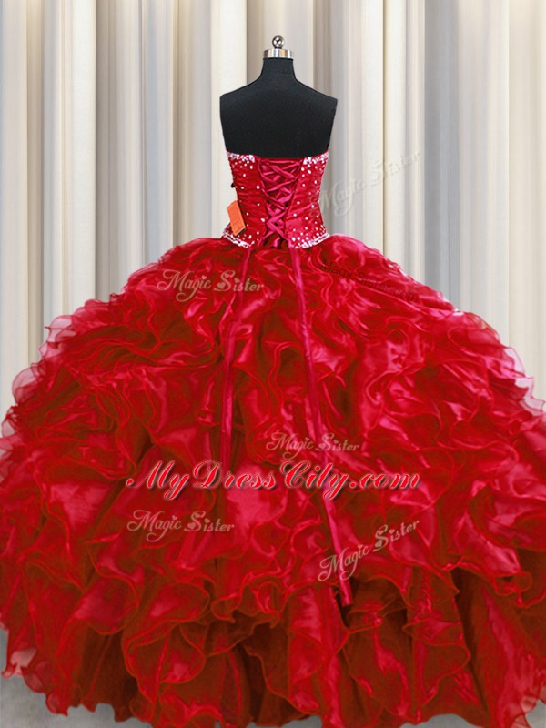 Wine Red Ball Gowns Organza Strapless Sleeveless Beading and Ruffles Floor Length Lace Up 15th Birthday Dress