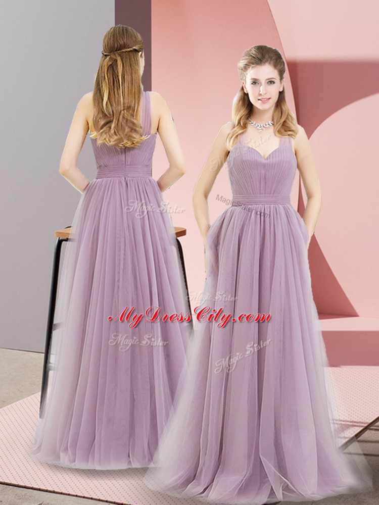 Tulle Halter Top Sleeveless Zipper Ruching Evening Dress in Lilac