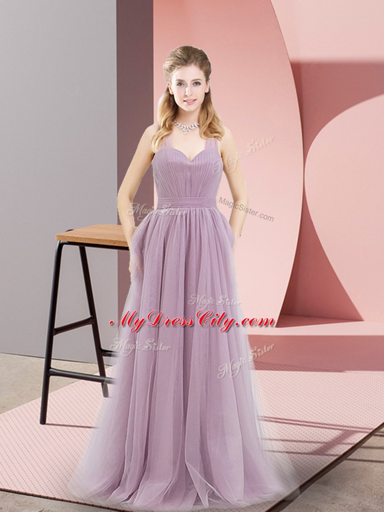 Tulle Halter Top Sleeveless Zipper Ruching Evening Dress in Lilac