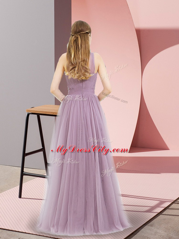 Tulle Halter Top Sleeveless Zipper Ruching Evening Dress in Lilac