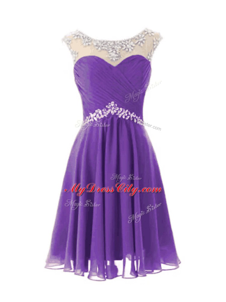 New Style Eggplant Purple A-line Chiffon Scoop Cap Sleeves Beading Knee Length Zipper Evening Dress