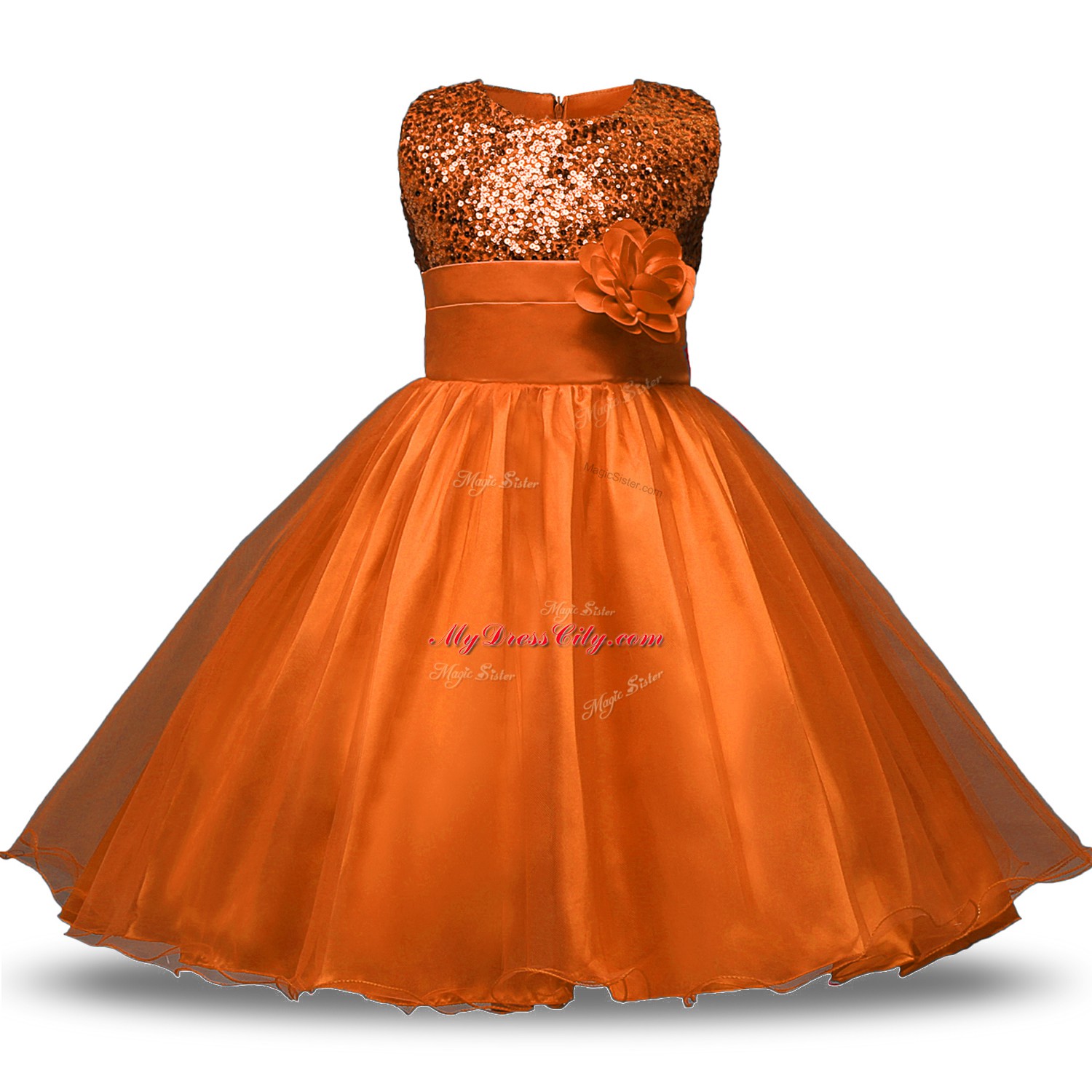 Rust Red Zipper Scoop Belt and Hand Made Flower Flower Girl Dresses Organza and Sequined Sleeveless