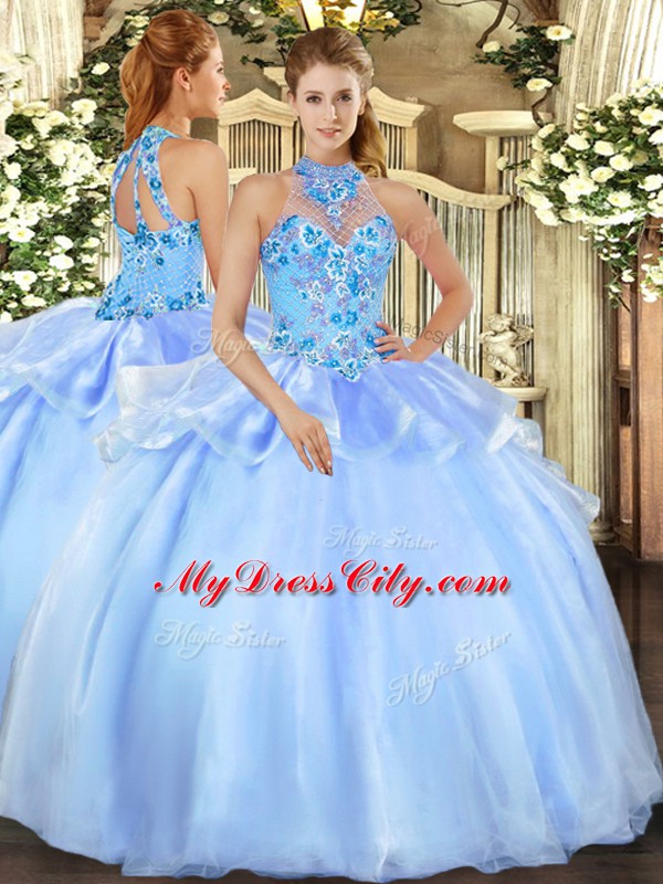 Custom Designed Baby Blue Organza Lace Up 15th Birthday Dress Sleeveless Floor Length Embroidery