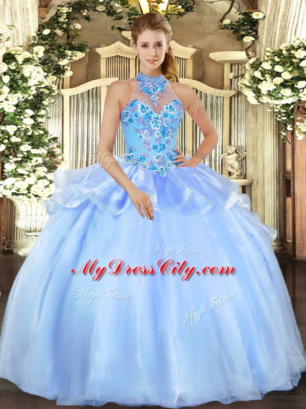 Custom Designed Baby Blue Organza Lace Up 15th Birthday Dress Sleeveless Floor Length Embroidery