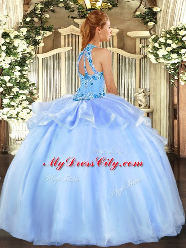 Custom Designed Baby Blue Organza Lace Up 15th Birthday Dress Sleeveless Floor Length Embroidery