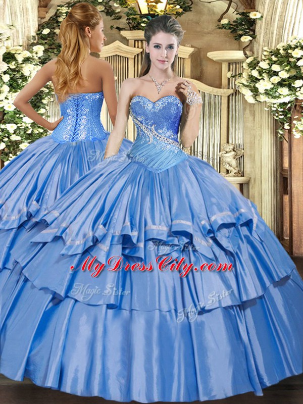 High Quality Baby Blue Ball Gowns Sweetheart Sleeveless Organza and Taffeta Floor Length Lace Up Beading and Ruffles Sweet 16 Dress