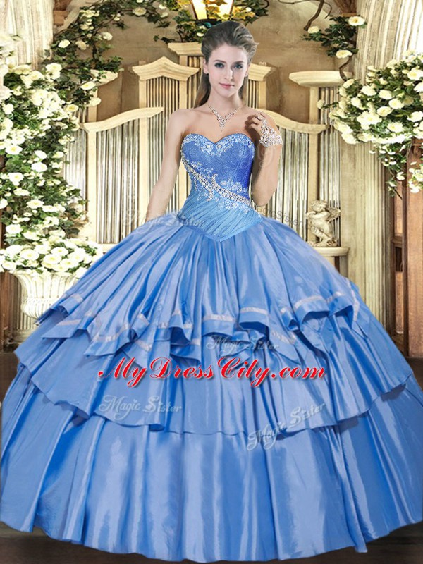 High Quality Baby Blue Ball Gowns Sweetheart Sleeveless Organza and Taffeta Floor Length Lace Up Beading and Ruffles Sweet 16 Dress