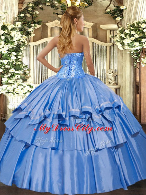 High Quality Baby Blue Ball Gowns Sweetheart Sleeveless Organza and Taffeta Floor Length Lace Up Beading and Ruffles Sweet 16 Dress